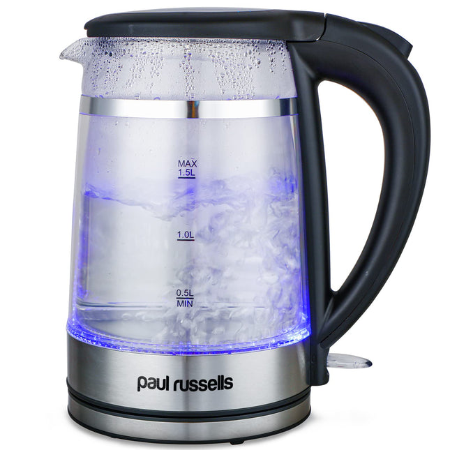Paul Russells Electric Kettle, Quiet fast Boil, Double Layer Glass,3000W 1.5L with Blue LED, Boil-Dry Protection, Stainless Steel plate, Fast Boil Hot