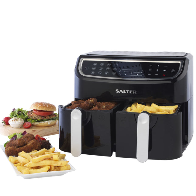 Salter EK4548 Dual Air Fryer - Double Drawer, 2 XL Non-Stick Cooking Trays, Sync & Match Cook Function, Independent Cooking, 8.2L, Sensor Touch