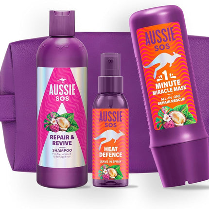 "Aussie SOS Repair Gift Set - Repair & Revive Shampoo 300ml + Heat Defence Spray 100ml + 1 Minute Miracle Rescue Mask 250ml, Helps Repair Dry and