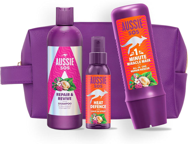 "Aussie SOS Repair Gift Set - Repair & Revive Shampoo 300ml + Heat Defence Spray 100ml + 1 Minute Miracle Rescue Mask 250ml, Helps Repair Dry and