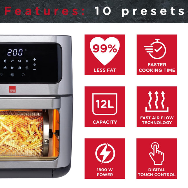 Sensio Home 12L Air Fryer Oven Rotisserie Function and Dehydrator, 10 in 1 Digital Display, 90 Minute Timer, Basket plus 4 More Accessories, Family