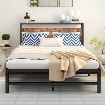 ARFARLY Metal Bed 120 x 200 cm Bed Frame with Wooden Headboard | Platform Bed Frame | Strong Slatted Mattress Base | Easy Assembly