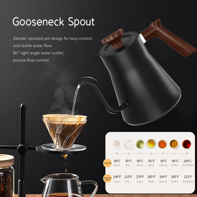 RHD Electric Gooseneck Kettle with LCD Display, Real-Time Temp Control Hot Water Boiler to Pour Over Coffee, Brew Tea, Switchable /, 1200 Watt Quick