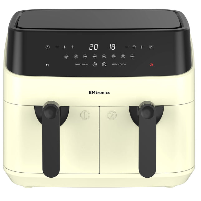 EMtronics EMAFDD9LCR Dual Air Fryer Extra Large Family Size Double XL 9 Litre with 8 Adjustable Pre-Set Menus for Oil Free & Low Fat Healthy Cooking,