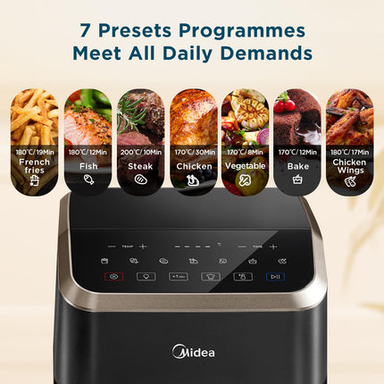 Midea Air Fryer with Visible Window 5L, HeatXpress Rapid Air Technology, 90% Less Oil, Energy Saving, 7-In-1 Presets, Non-Stick, Dishwasher Safe,