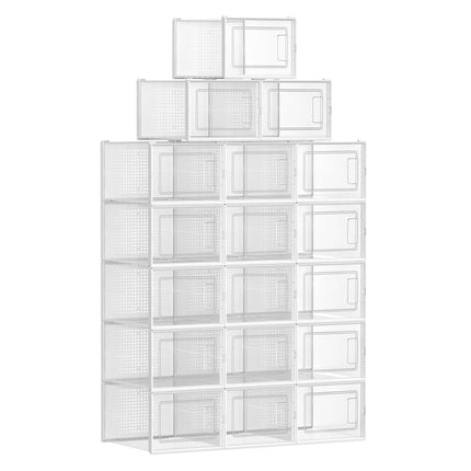 SONGMICS Shoe Boxes, Pack of 18 Stackable Shoe Storage Organisers, Foldable and Versatile for Sneakers, Fit up to UK Size 11.5, Transparent and White