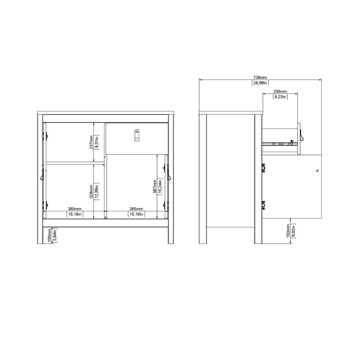 Barcelona Sideboard 2 Doors 1 Drawer in Matt Black & White