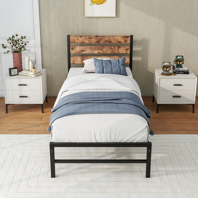 FOUBAM Metal Bed Frame with Wooden Headboard, Metal Bed Frame with Slatted Frame, Single Bed Frame, Guest Bed, Youth Bed for Bedroom, Guest Room, 90 x