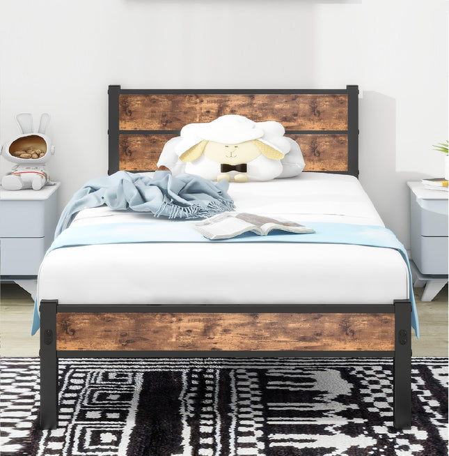 DUMEE Single Bed Frame with Wooden Headboard and Footboard, Metal Wooden Bed Frame 3FT Under Bed Storage, No Box Spring Needed, Enhanced Support Noise