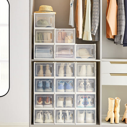 SONGMICS Shoe Boxes, Pack of 18 Stackable Shoe Storage Organisers, Foldable and Versatile for Sneakers, Fit up to UK Size 11.5, Transparent and White