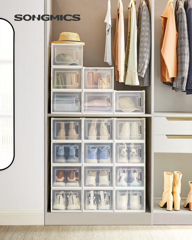 SONGMICS Shoe Boxes, Pack of 18 Stackable Shoe Storage Organisers, Foldable and Versatile for Sneakers, Fit up to UK Size 11.5, Transparent and White