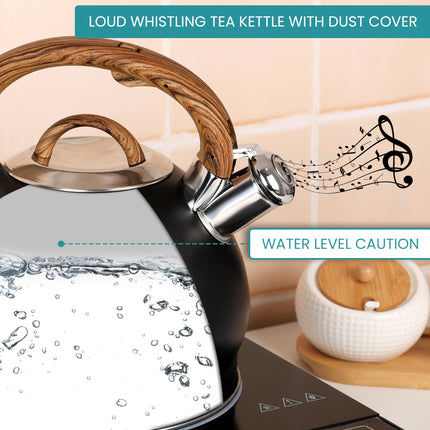 Belle Vous Black Whistling Tea Kettle - 3L Tea Pot for Stovetop/Induction Stove Hob - Stainless Steel Hot Water Camping Kettle Teapot for Tea/Coffee