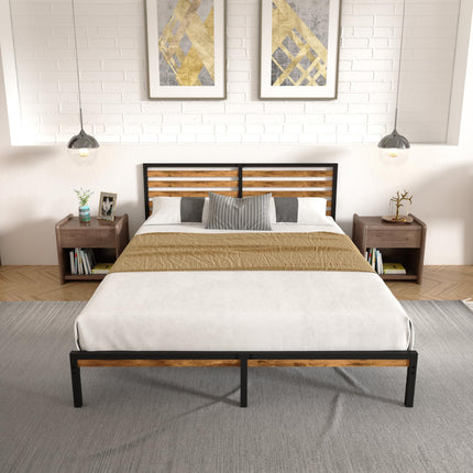 XINBEDEU King Bed Frame, Vintage Wooden Headboard, Metal Platform Base, Steel Slatted Support, No Spring Mattress Required