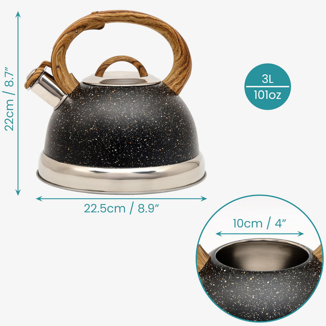 Belle Vous Black Whistling Kettle with Handle - Retro Style 3L Fast Boil Stovetop Tea Kettle - Food-Grade and Rustproof Stainless Steel - Suitable for