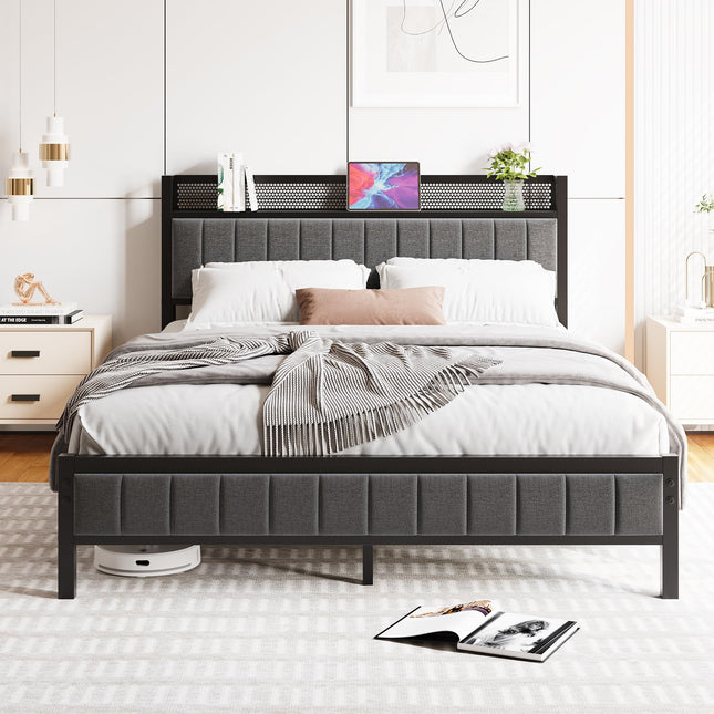 BORPHOM King Size Bed Frame with Storage Upholstered Headboard Shelf,5ft Metal King Bed Frame with Storage,Strong Slats Support,Noise Free,Grey