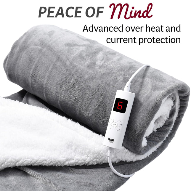 GlamHaus Heated Throw Electric Fleece Over Blanket Sofa Bed Large 160 X 130cm - 9 Heat and 9 Timer Auto Shut Off, Soft, Reversible Design, Digital