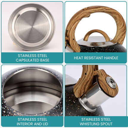 Belle Vous Black Whistling Kettle with Handle - Retro Style 3L Fast Boil Stovetop Tea Kettle - Food-Grade and Rustproof Stainless Steel - Suitable for