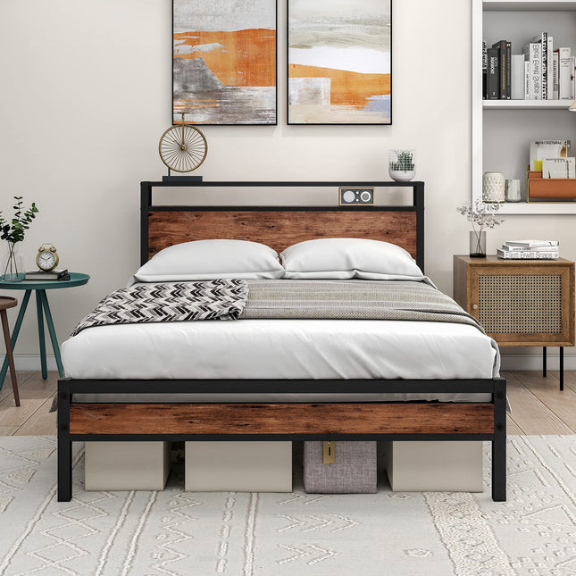 HOJINLINERO Double Bed Frame with Storage Wooden Headboard Shelf,Metal Platform Wooden Bed Frame Double Bed,No Box Spring Needed,Mattress