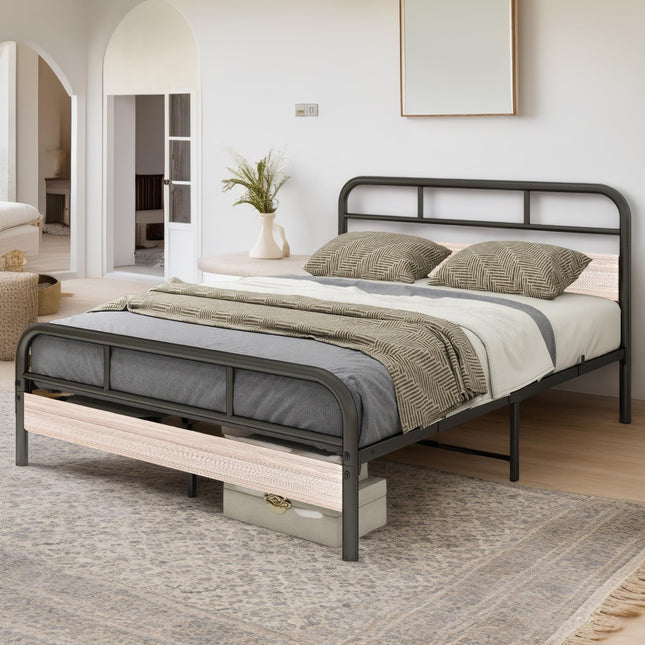 Diahomy 4ft6 Double Bed Frame with Wooden Headboard,Metal Platform Bed Frames/No Box Spring Needed/Reinforced Steel Slat Mattress Foundation/Black+