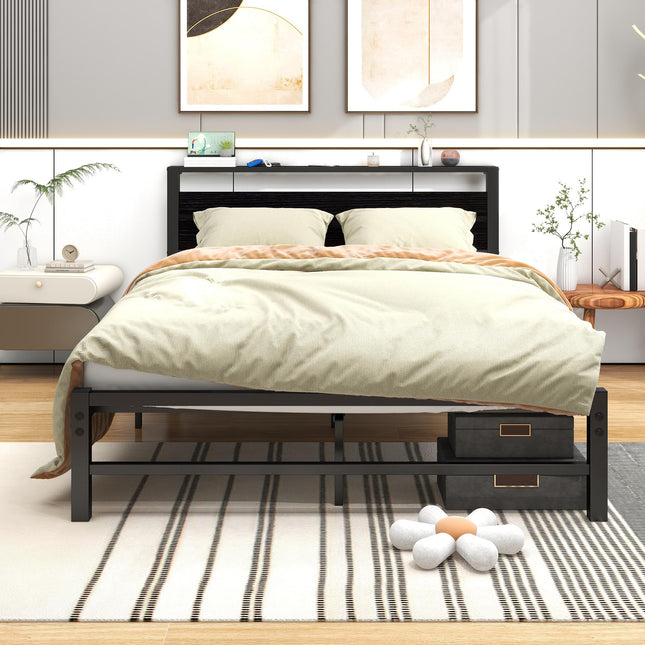 ARFARLY Metal Bed 120 x 200 cm Bed Frame with Wooden Headboard, Platform Bed Frame, Strong Slatted Mattress Base, Easy Assembly, Black