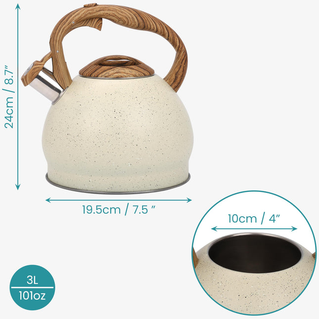 Belle Vous Beige Texture Whistling Tea Kettle - 3L Tea Pot for Stovetop/Induction Hob - Stainless Steel Hot Water Camping Kettle Teapot for Tea/Coffee