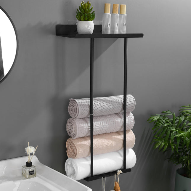 Bathroom Towel Rack Wall Mounted, Black Towel Storage Unit, No Drill Towel Rail, Stainless Steel Towel Shelf for Bathroom, Durable Towel Rack with