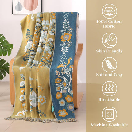 DECMAY Double-sided Throws for Sofas Large, Boho Sofa Bedspread Throw Blanket with Tassels, 100% Cotton Throw for Sofas, Bed and Armchair, Olive,