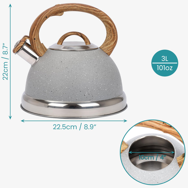 Belle Vous Light Grey Whistling Tea Kettle - 3L Tea Pot for Stovetop/Induction Hob - Stainless Steel Hot Water Camping Kettle Teapot for Tea/Coffee