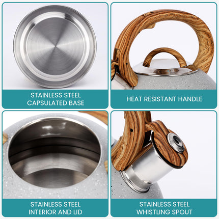 Belle Vous Light Grey Whistling Tea Kettle - 3L Tea Pot for Stovetop/Induction Hob - Stainless Steel Hot Water Camping Kettle Teapot for Tea/Coffee