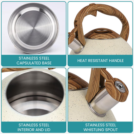 Belle Vous Beige Texture Whistling Tea Kettle - 3L Tea Pot for Stovetop/Induction Hob - Stainless Steel Hot Water Camping Kettle Teapot for Tea/Coffee