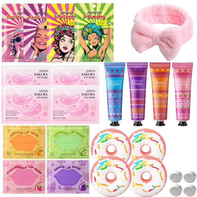 25Pcs Spa Party Supplies for 4, Spa Gifts for Women, Girls, Spa Set with Lip & Face Masks, Eye Mask, Hand Cream, Bath Bombs, Towels, Headband, Spa Kit