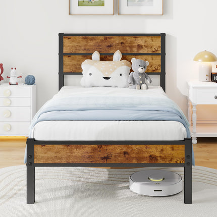 JUISSANO Single Bed 90 x 200 cm with Wooden Headboard, Bed Frame with Metal Slatted Frame, Single Bed, Bed Frame, Metal Bed, 90 x 200 cm with Storage