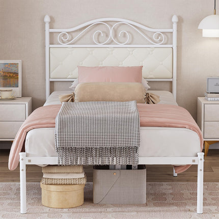 Ulifance Single Bed Frames with Upholstered Headboard, 3ft Metal Platform Bed with Storage Space for Kids adults, No Box Spring, Needed Easy Assembly,