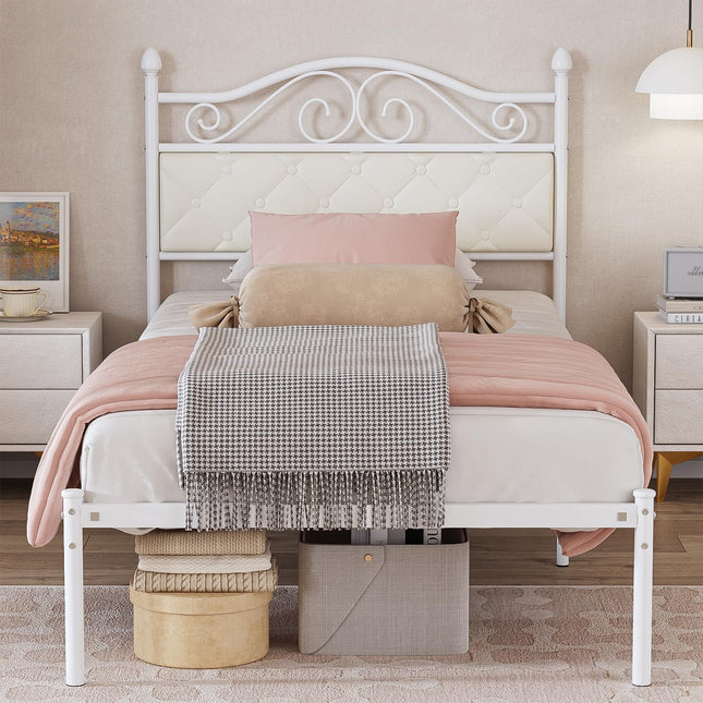 Ulifance Single Bed Frames with Upholstered Headboard, 3ft Metal Platform Bed with Storage Space for Kids adults, No Box Spring, Needed Easy Assembly,