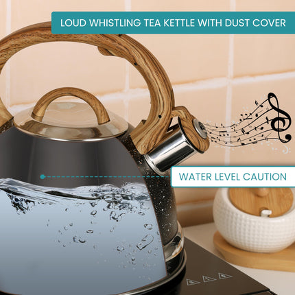 Belle Vous Black Whistling Kettle with Handle - Retro Style 3L Fast Boil Stovetop Tea Kettle - Food-Grade and Rustproof Stainless Steel - Suitable for