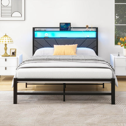 VERFARM 4ft6 Double Size Bed Frame with LED Lights Storage Upholstered Headboard and Charging Station, Heavy Duty Metal Platform Double Bed Frame, No