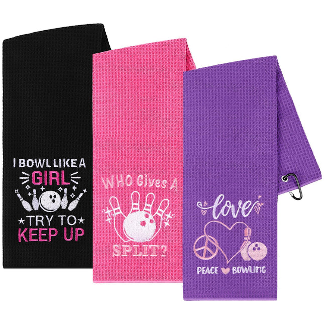 3 Pcs Bowling Towel Soft Embroidered Towels with Grommet Funny Bowling Ball Towel Absorbent Hand Towels Accessories Fans Birthday Xmas Gift for Women