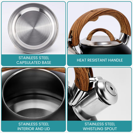 Belle Vous Black Whistling Tea Kettle - 3L Tea Pot for Stovetop/Induction Stove Hob - Stainless Steel Hot Water Camping Kettle Teapot for Tea/Coffee