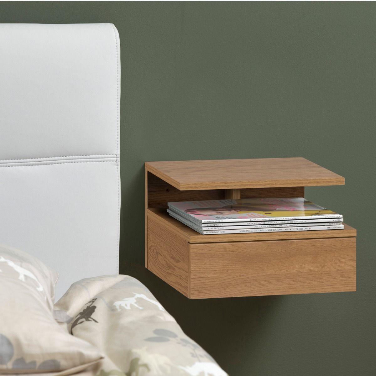 Ashlan Bedside Table with 1 Drawer in Black-White-Grey-Oak Colors