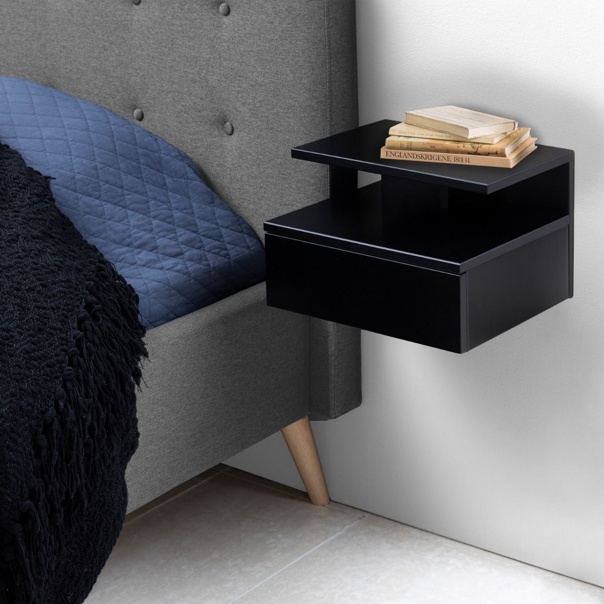 Ashlan Bedside Table with 1 Drawer in Black-White-Grey-Oak Colors