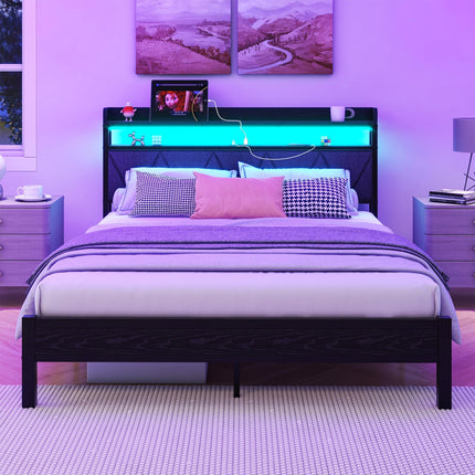 VERFARM 5ft King Size Bed Frame with LED Lights Storage Upholstered Headboard and Charging Station, Solid Metal Platform Bed King, No Box Spring