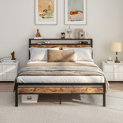 HOJINLINERO King Size Bed Frame with Storage Wooden Headboard,Bed 150x200 cm,Metal Bed Frame Kingsize Bed Base Mattress Foundation,Metal Slats