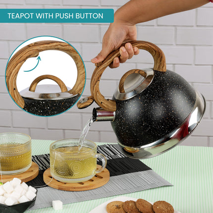 Belle Vous Black Whistling Kettle with Handle - Retro Style 3L Fast Boil Stovetop Tea Kettle - Food-Grade and Rustproof Stainless Steel - Suitable for