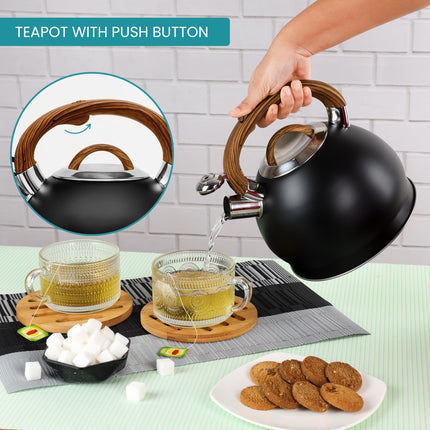 Belle Vous Black Whistling Tea Kettle - 3L Tea Pot for Stovetop/Induction Stove Hob - Stainless Steel Hot Water Camping Kettle Teapot for Tea/Coffee