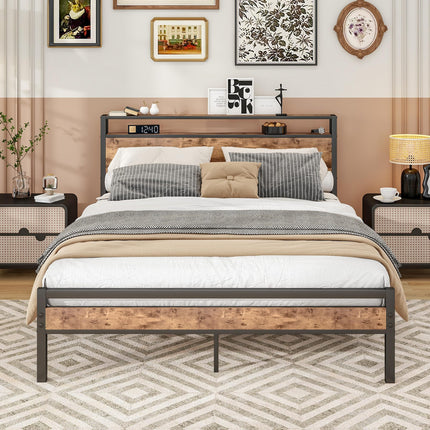 BORPHOM King Size Bed Frame with Storage Wooden Headboard,Platform Metal Bed Frame King Size Bed Base,Mattress Base/Under Bed Storage/Sturdy Steel