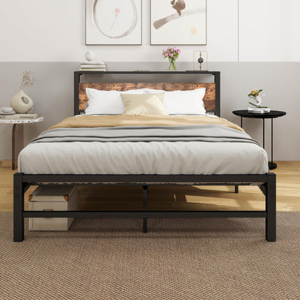 ARFARLY Metal Bed Frame 140 x 200 cm with Wooden Headboard, Slatted Base, Sturdy, Durable, for Teenagers, Easy to Assemble