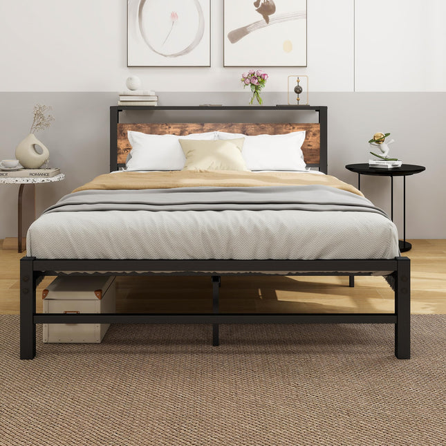 ARFARLY Metal Bed Frame 140 x 200 cm with Wooden Headboard, Slatted Base, Sturdy, Durable, for Teenagers, Easy to Assemble