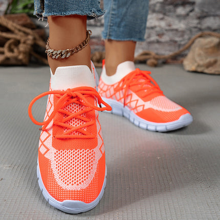 Colorblock Plaid Lace-Up Flyknit Sneakers Ins Mesh Casual Shoes Fashion Breathable Walking Running Sports Shoes For Women