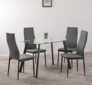 Abbey Dining Set Clear Glass/Grey/Grey Faux Leather