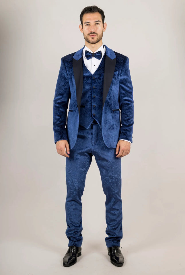 AK-27 - Men's Blue 3 Piece Velvet Wedding Tuxedo Suit